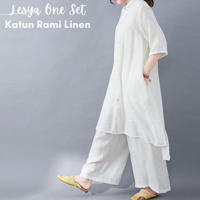 Lesya Setelan Wanita One Set Jumbo Atasan Tunik Dan Celana Kulot Bahan Katun Linen Rami Daily Set Ke