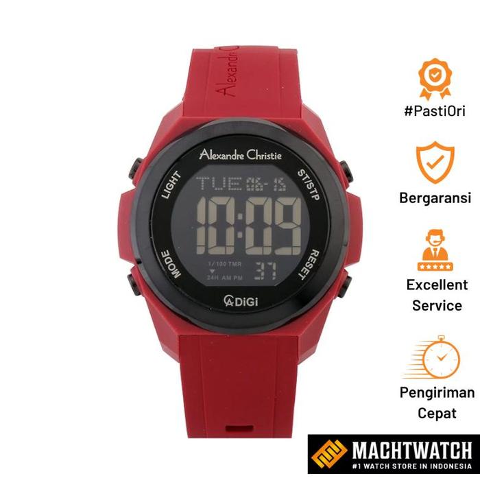 Original Jam Tangan Pria Alexandre Christie AC 9342 MHRIGBARE Men Black Digital Dial Red Rubber Stra
