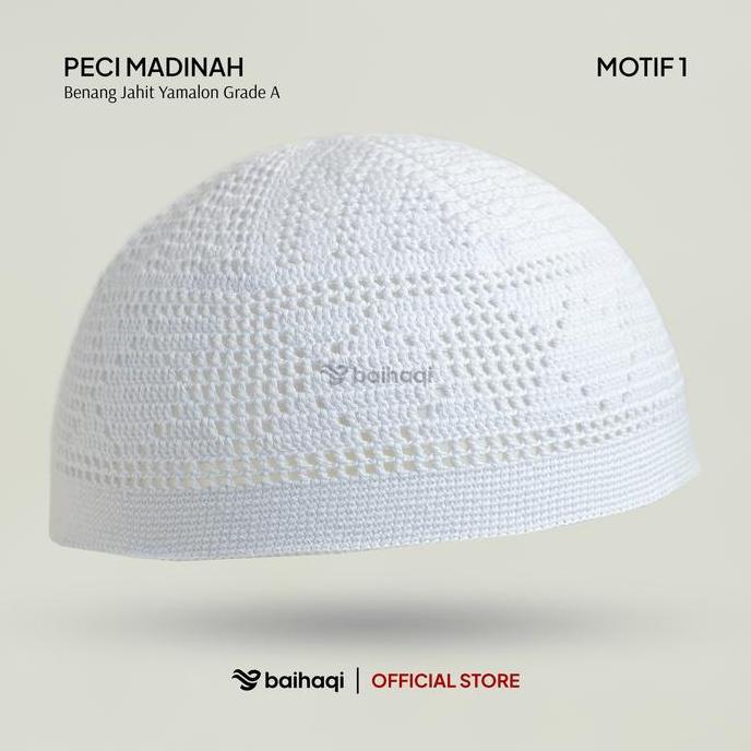 BAIHAQI - Peci Madinah Bahan Benang Jahit Yamalo Handmade | Peci Haji Putih | Peci Rajut Dewasa