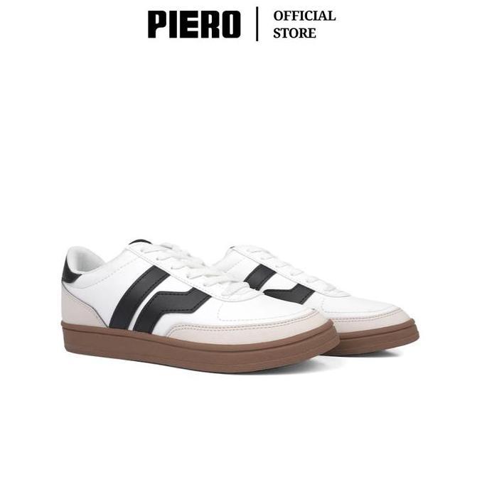 PIERO SEPATU SNEAKERS PRIA COURT DERBY BIG LOGO WHITE BLACK BROWN PIE1000156