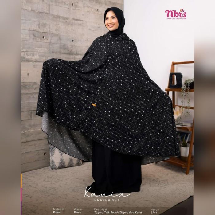 Nibras Mukena Muslimah Dewasa Remaja Kania Prayer Set Black Hitam Rayon Polos Motif Cantik Adem Syar