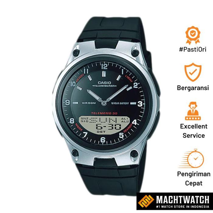 Original Jam Tangan Unisex Analog Digital Casio General AW-80-1AVDF AW80 Telememo 30 Dial Black Resi