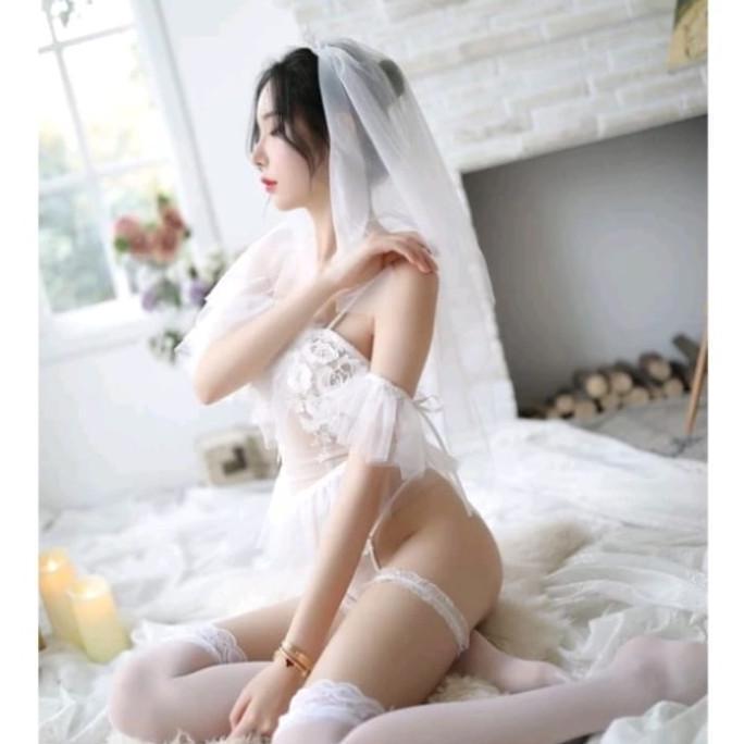 BARU SET LINGERIE SERAGAM COSPLAY PENGANTIN TRANSPARAN SEXY WEDDING BRIDE COSTUM