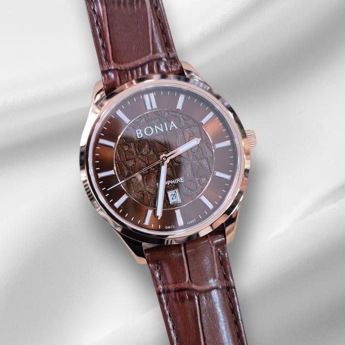 BONIA BNB10857-1542 Jam Tangan Pria Elegan dengan Tali Kulit Coklat Analog 40mm Stainless Steel Taha