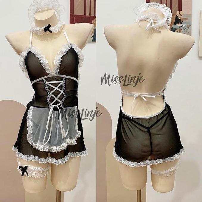 Baju Lingerie Costume Cosplay Maid Kostum Pelayan Halterneck Full Set Muat sampai Big Size