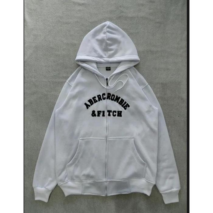 Jaket Hoodie Zipper Abercrombie &Fitch Putih Premium High Quality Distro Full Teg & Label Bahan Teba