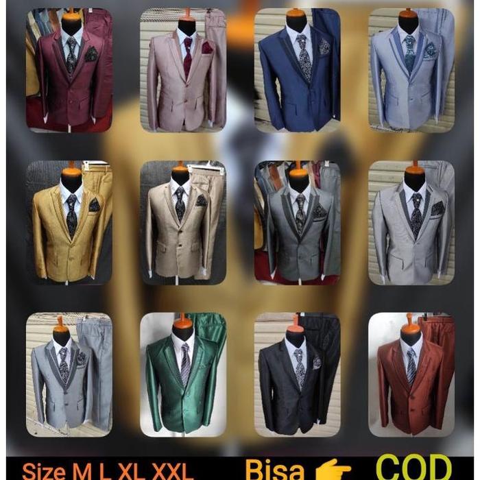 Podomoro 1 stel Jas pengantin semi WOOL kilap Jasa Pria Stelan Jas nikah Blazer Jas manten jas murah