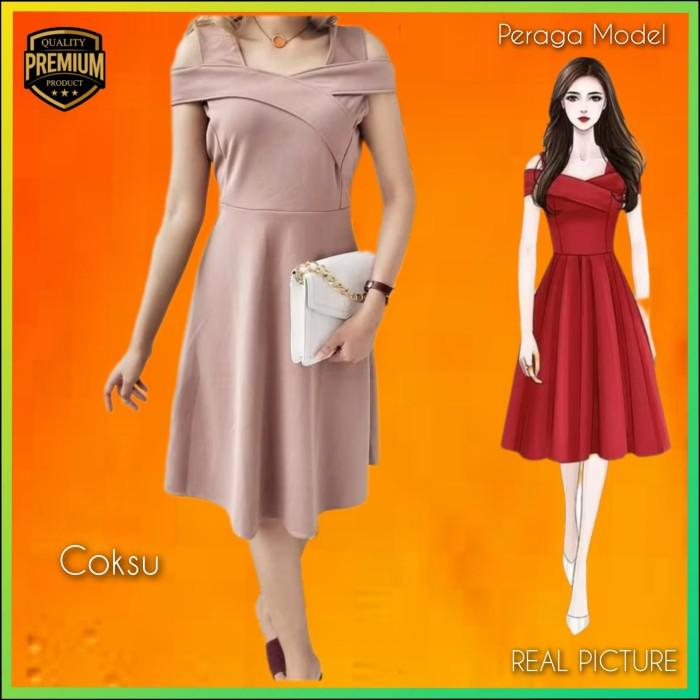 Gaun Premium Shoulder Wanita Vinola Midi Dress Korea Pesta Natal Coksu