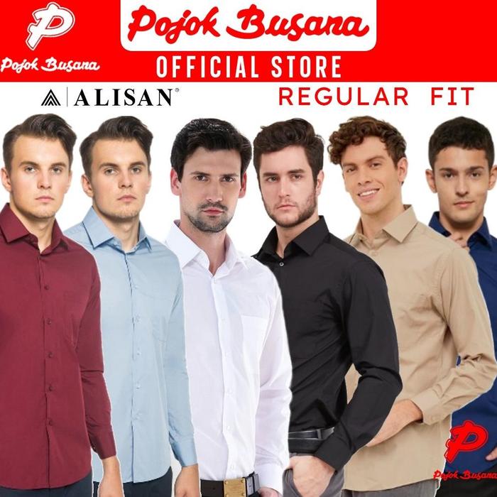 Pojok Busana Alisan Kemeja Lengan Panjang Polos Pria Regular Fit Hitam Putih Biru Coklat Maroon Abu 