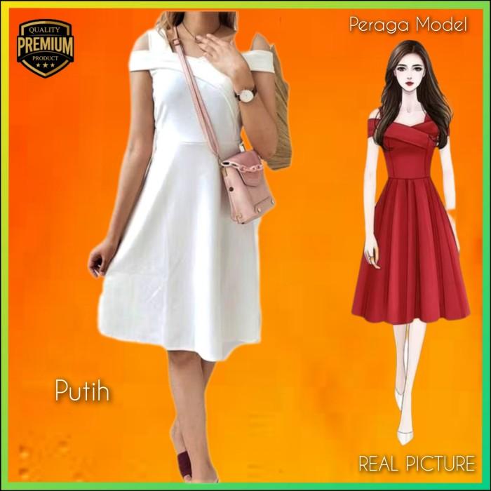 Gaun Premium Shoulder Wanita Vinola Midi Dress Korea Pesta Natal Putih