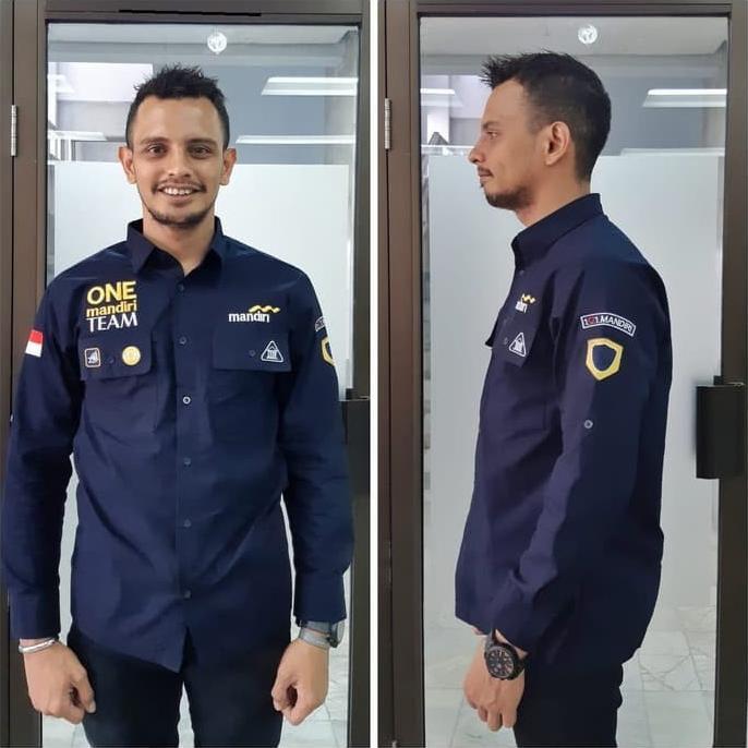 Promo Kemeja Seragam PDL Bank Mandiri Biru Navy Panjang | Baju One Mandiri Team Bordir | Bahan Drill