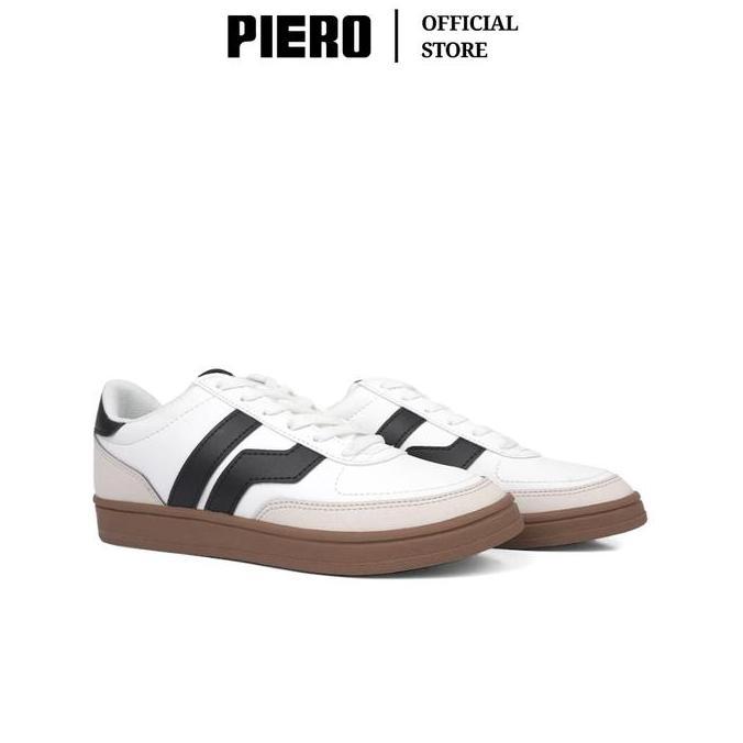 PIERO SEPATU SNEAKERS PRIA COURT DERBY BIG LOGO WHITE BLACK BROWN PIE1000156