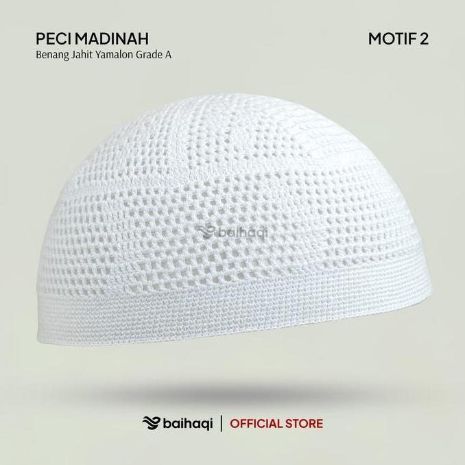BAIHAQI - Peci Madinah Bahan Benang Jahit Yamalo Handmade | Peci Haji Putih | Peci Rajut Dewasa