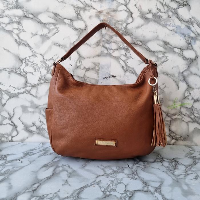 TAS TOTE HOBO WANITA KULIT ASLI CALVIN KLEIN SECOND BRANDED IMPORT COKLAT