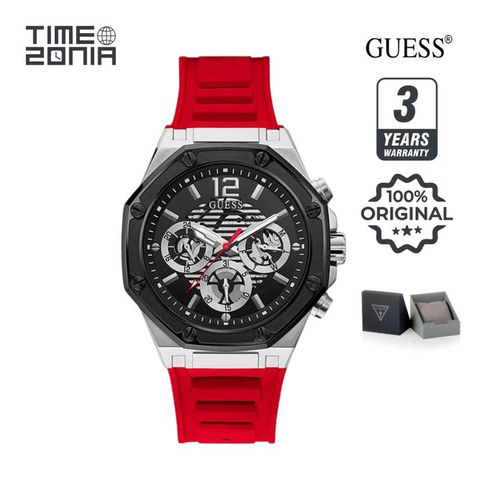TimeZonia Jam Tangan Pria - Guess Momentum GW0263G3 Black Sunray Dial Red Silicone Strap Original