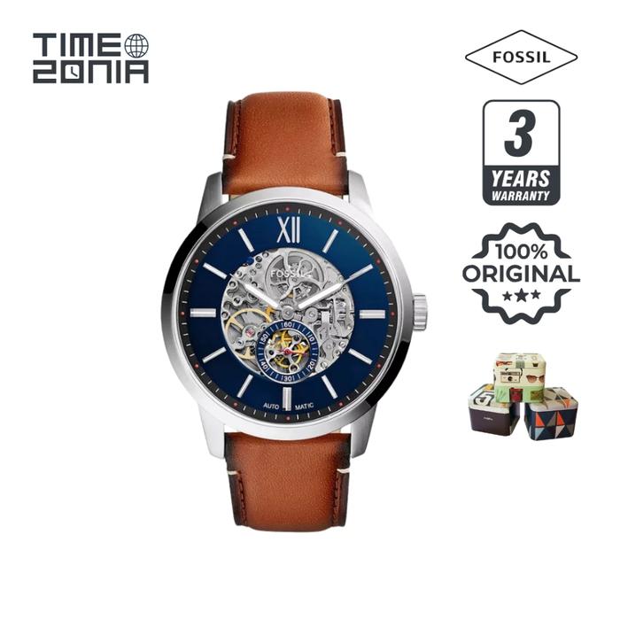 TimeZonia Jam Tangan Pria - ME3154 Automatic Blue Skeleton Dial Light Brown Leather Strap Original