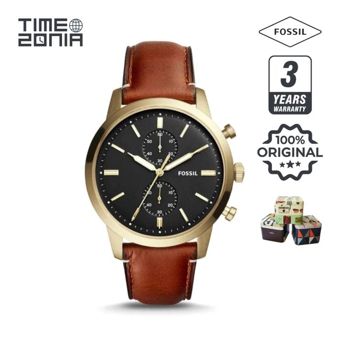 TimeZonia Jam Tangan Pria - FS5338 Chronograph Gold Black Dial Brown Leather Strap Original
