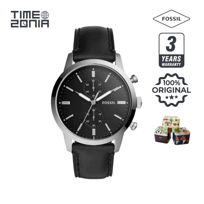 TimeZonia Jam Tangan Pria - FS5396 Chronograph Black Silver Dial Leather Strap Original