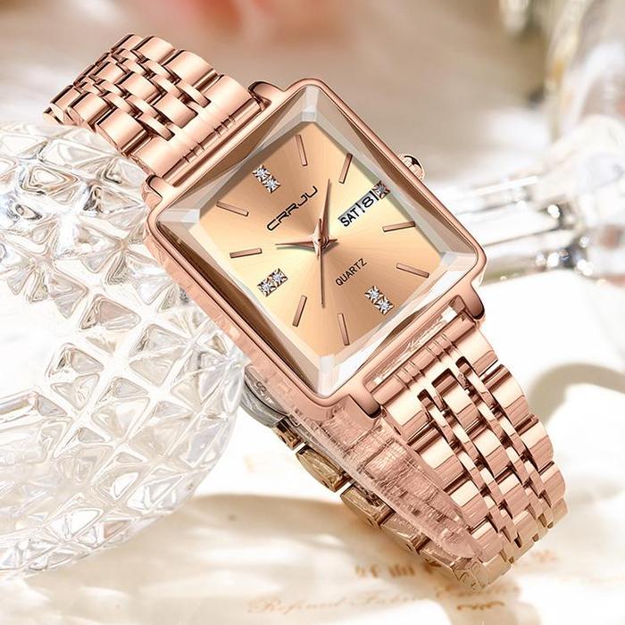 CRRJU Jam Tangan Wanita Original Branded Cewek Anti Air Rantai Kuarsa Stainless Steel Terbaru Elegan