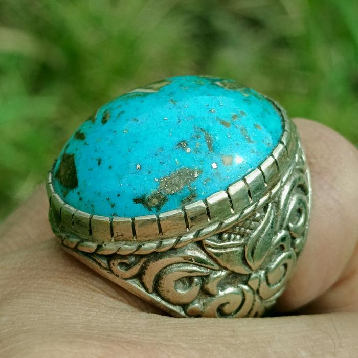 Batu Pirus Persia Biru Tajam Jumbo Mumbul Gagah Ring Alpaka Ukir