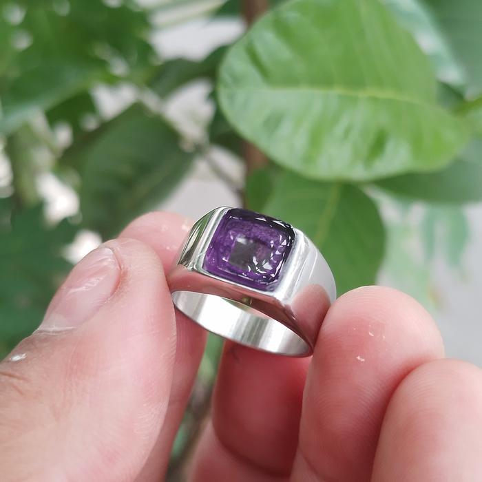 cincin batu akik kecubung ungu model kotak bodi mulus natural