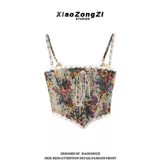 Terbaru Dekaba Korset Top Corset Vest Retro Model Floral Camisoles Women Print Halter Tops Chic Band