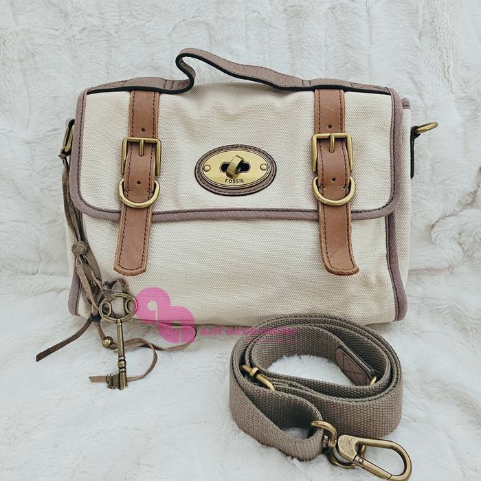 Fossil VRI Vintage Reissue Turnlock Messenger Crossbody Bag Canvas Beige/Chesnut