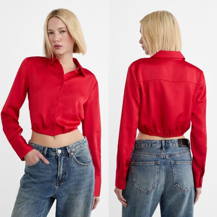 STRADIVARIUS KEMEJA SATIN CROP SHIRT MERAH BARU ASLI ORIGINAL