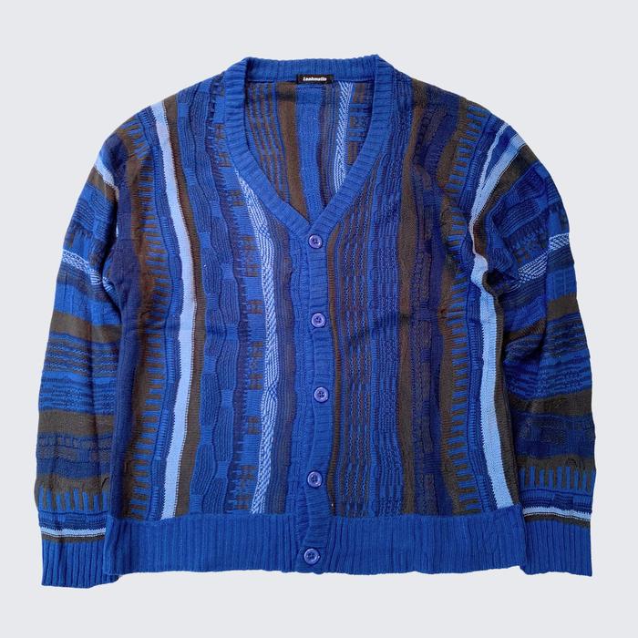 Blue Black 3D Coogi Style Vintage Pattern Leahmatin Korean Mens Loose Knit Cardigan - Unisex - L