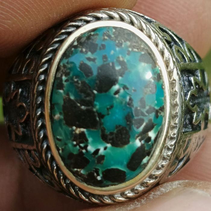 Batu Natural Pirus Persia Ageman Unik Deep Green Hijau Doreng Urat Totol Hitam Dim-15 Ring Keren