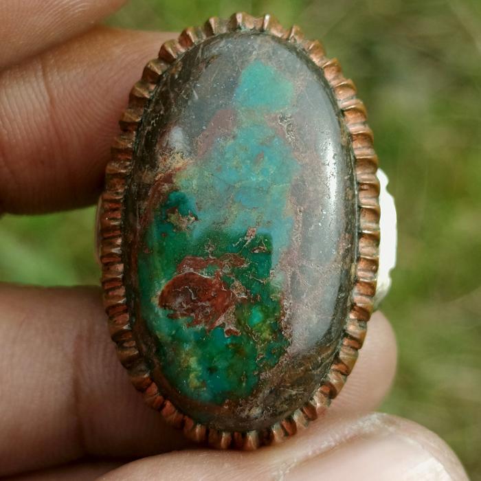 Batu Natural Pirus Sakral Persia Hijau Tua Biru Daun Matrik Urat Darah Tegas Dim-32 Ring Ukir Gagah