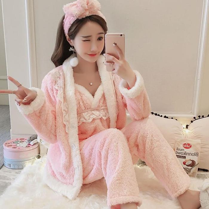 ✺Musim Gugur dan Musim Dingin Piyama Wanita Menebal Bulu Karang Manis dan Lucu Putri Mewah Suspender