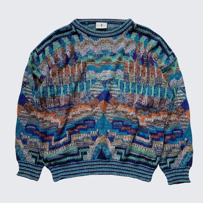 Blue Blue Kapital Pallete Traditional Art Pattern Nanibon 1990s Mens Oversize Knit Sweater - Unisex 