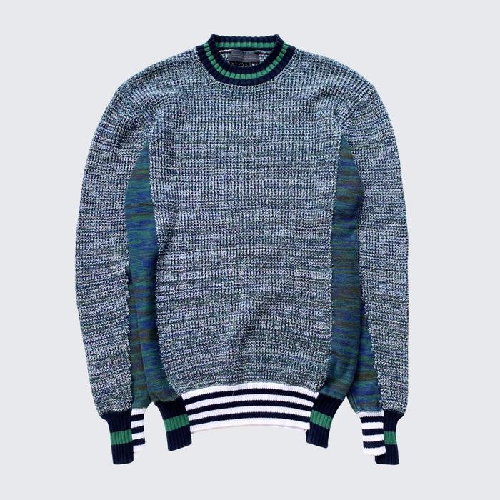 Green Grain White Black Stripes Descontructed Diesel Black Gold 2000s Mens Fitted Tall Knit Sweater 