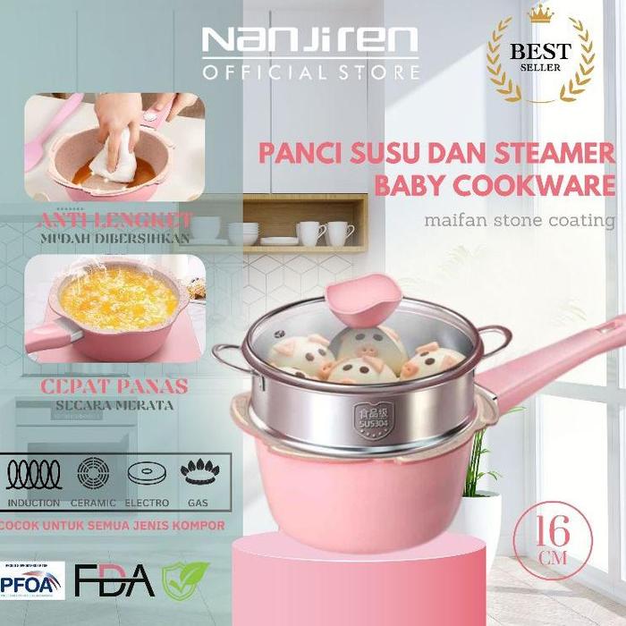 Nanjiren Panci Susu dan Steamer - Set Panci Mpasi Bayi Peralatan Makan Bayi / Teflon Mpasi / Panci S