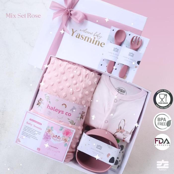 Kado Bayi Premium Mix Set Branded Sleepsuit HNM /M&S / MamasPapas Silicone Feeding Set BPA FREE, Ham