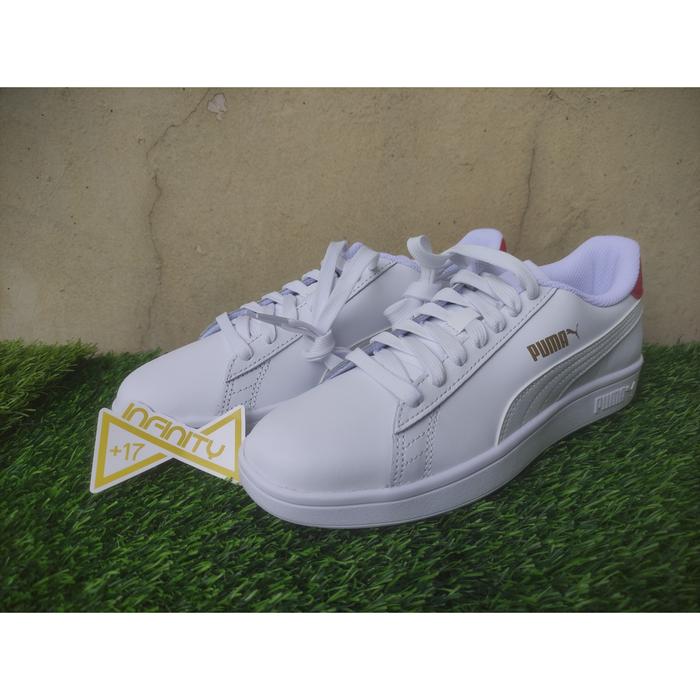 Puma Smash V2 L White-High Risk Red Women - Sepatu Sneakers Puma Putih - 100% Original, New & BNIB