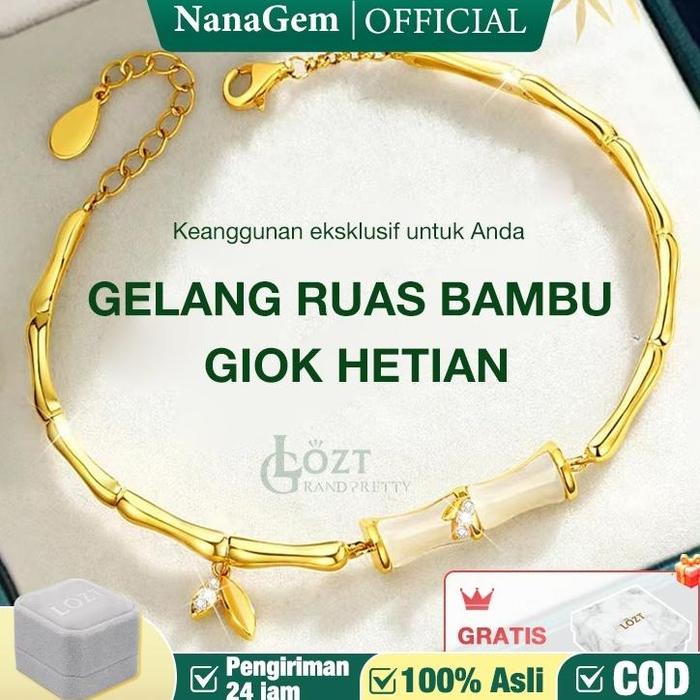 GELANG GIOK WANITA BAMBU LAPIS EMAS 24K GELANG GIOK WANITA ASLI ORI RUAS SEGMEN BAMBU GIOK HETIAN