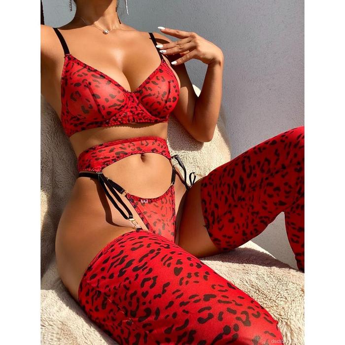 MIRABELLE Leopard Pakaian Dalam Wanita Seksi Lace Underwear Set dengan Stoking 4 Potong Erotis Bra T