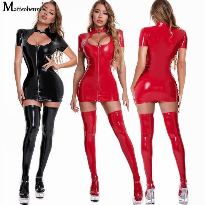 y Leather Dress with Stockings Female Bodysuit Oversized Women Breast Exposing Catsuit y Latex Eroti