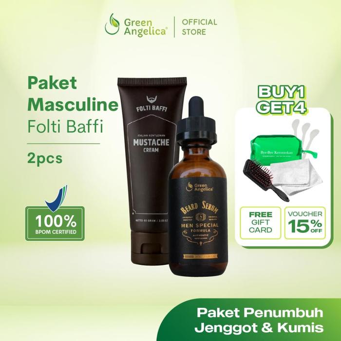 Terlariss !!! Paket Masculine Folti Baffi Mustache Cream dan Beard Serum Penumbuh Brewok Green Angel