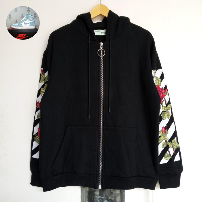Hoodie Zipper off white bordir flower red rose mawar merah hitam black NEW bnwt
