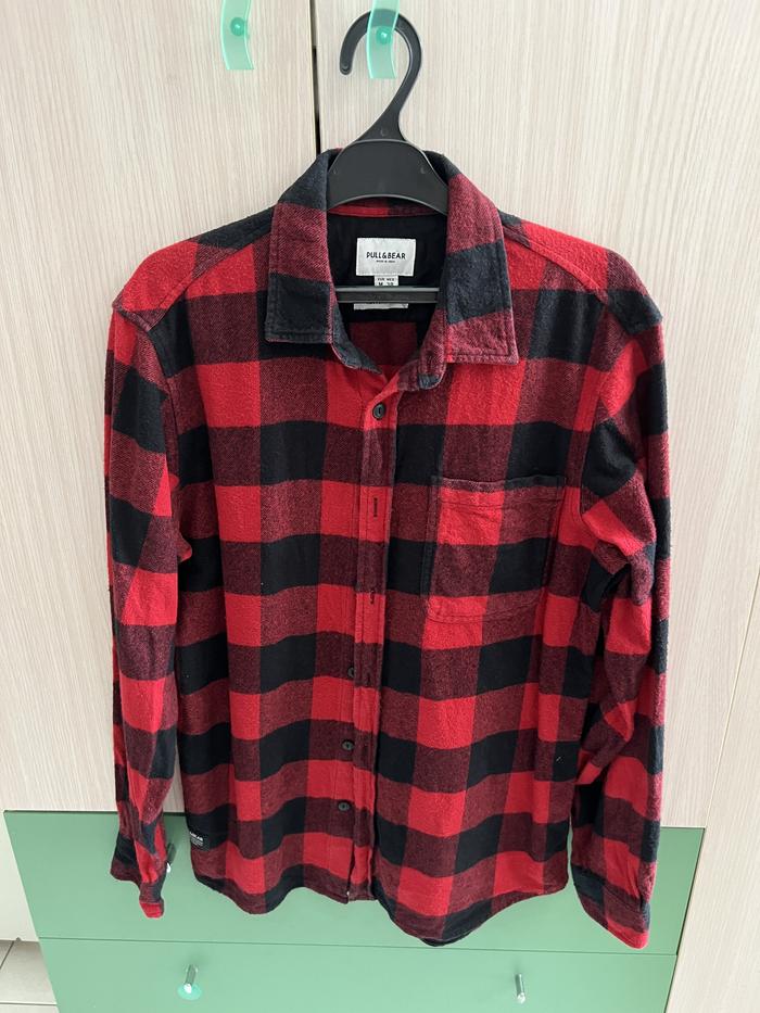jaket jacket pull and bear pull&bear flannel flanel merah pria men bekas second like new