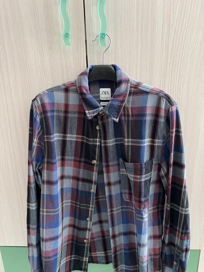 Zara jaket pria flannel flanel kain wool purple blue bekas second like new