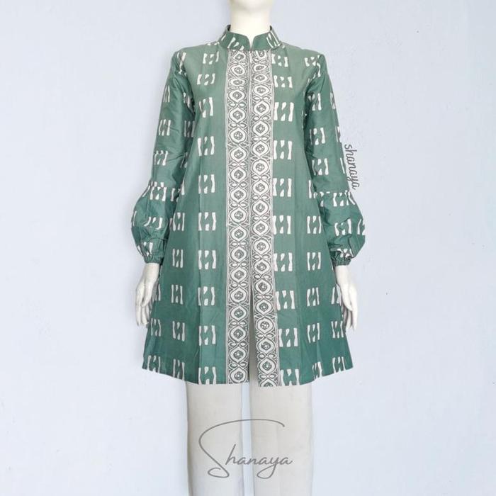 TERLARIS Shanaya Baju batik wanita Tunik Lengan balon Sage green Zipper depan sangat elegan dress ka