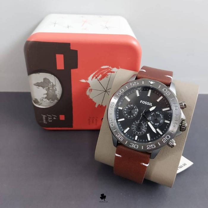 Nwt F*ossil BQ2709 Bannon Chronograph Grey Gunmetal Brown Authentic