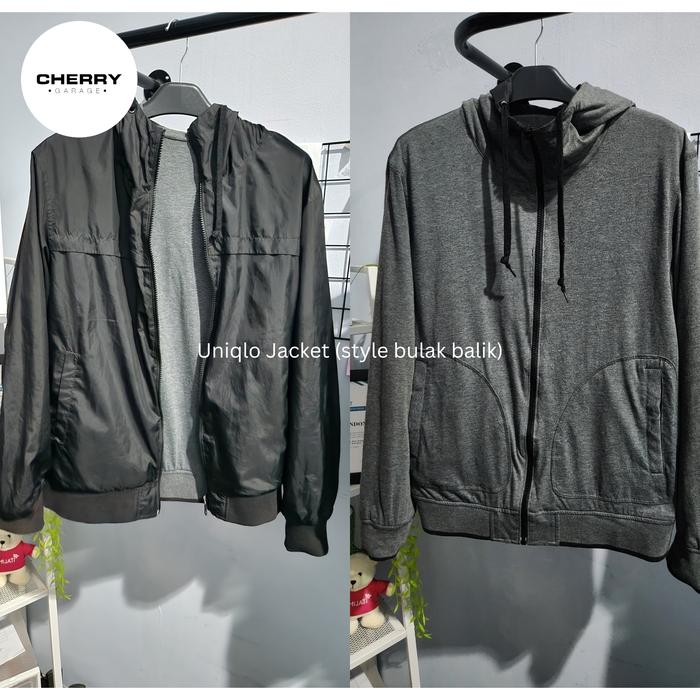 preloved uniqlo jaket pria bisa bulak-balik modelnya, size L ada minus bolong kecil sudah di cantumk