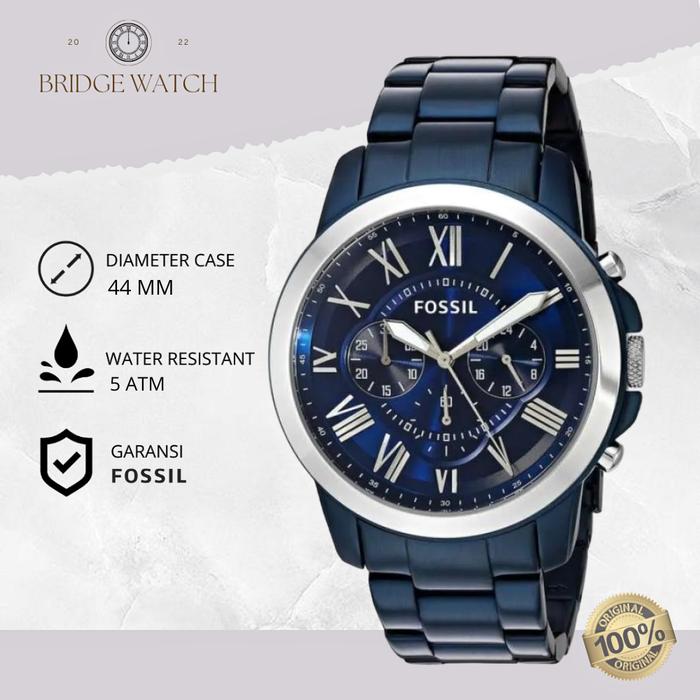 Jam Tangan Pria Fossil Grant FS5230 Chronograph Blue Tone Dial Stainless Steel Strap Rantai Mewah Ca