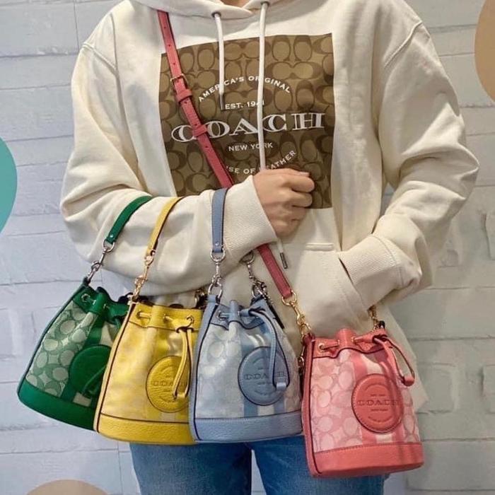 Coach Mini Dempsey Bucket Bag In Signature Jacquard With Stripe And Coach Patch Handle Bag Coach Tas