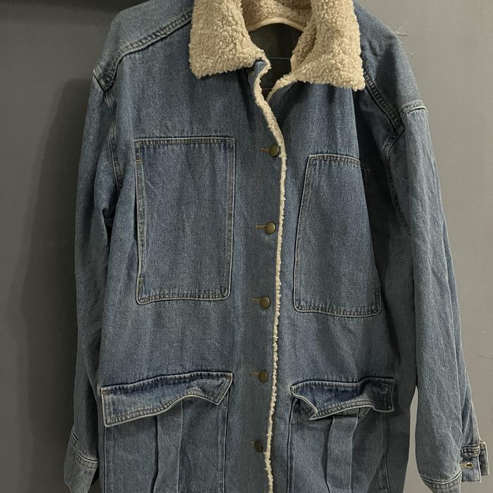 Preloved Jaket Parka Jeans Kerah Sherpa HM HNM H&M tag M big size